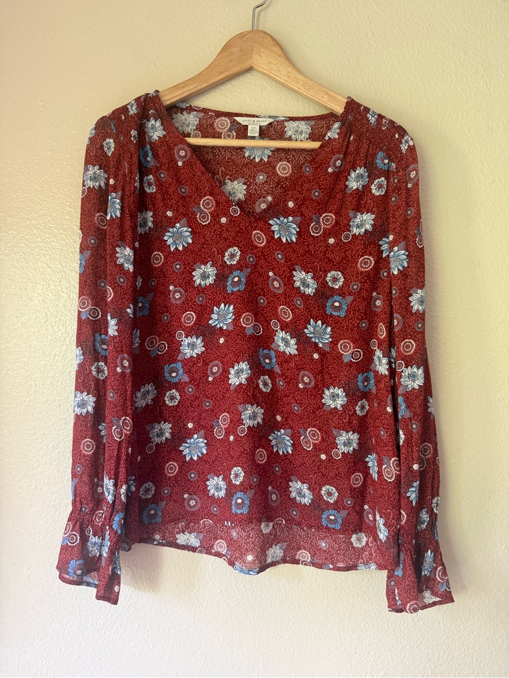 Lucky Brand Rust Red Floral V-Neck Long Sleeve Blouse